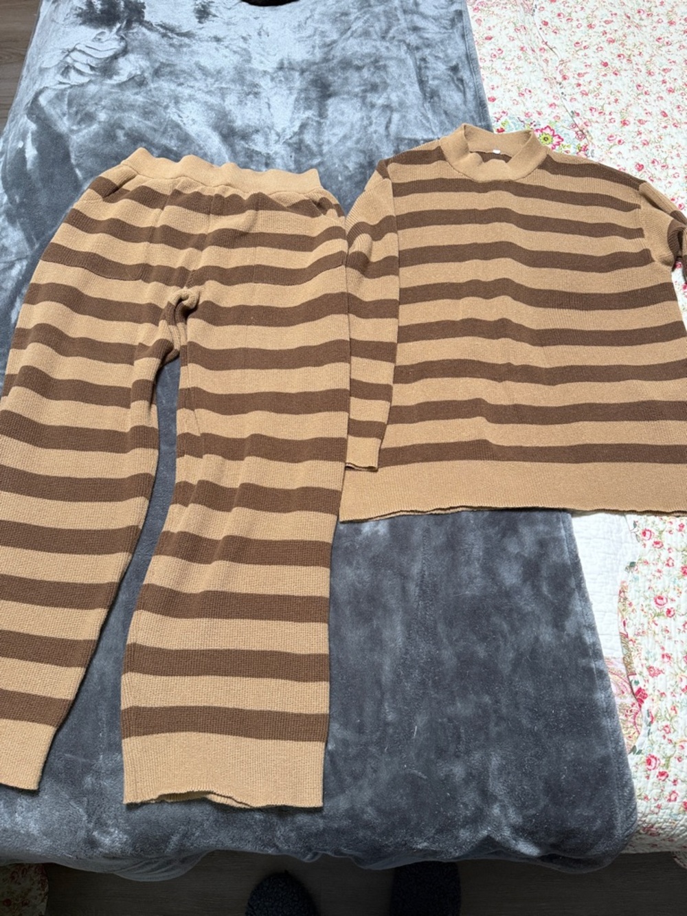 Striped Knit Sweater Set in Camel and Chocolate